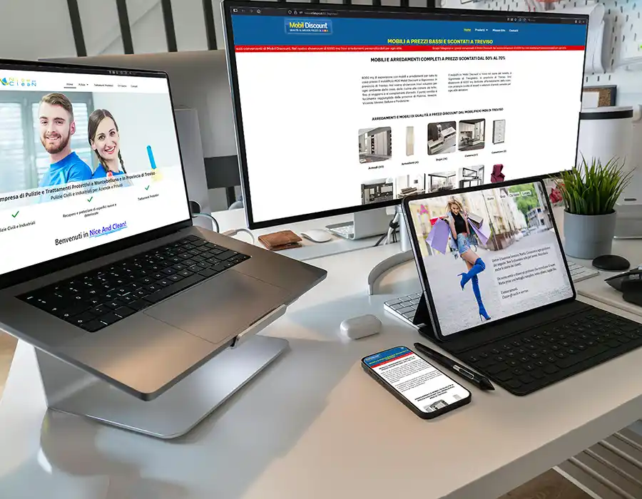 Sito web responsive per agenzia di comunicazione, visualizzato su desktop, laptop, tablet e smartphone